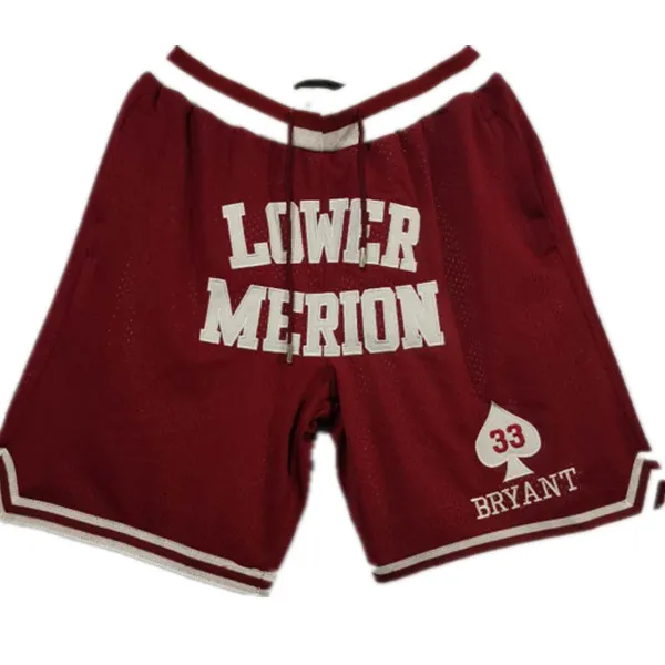 Ny High School Vintage Basketball Shorts Zipper Pocket Running kläder Lägre Merion Red Color #33 Just Done Size S-XXL