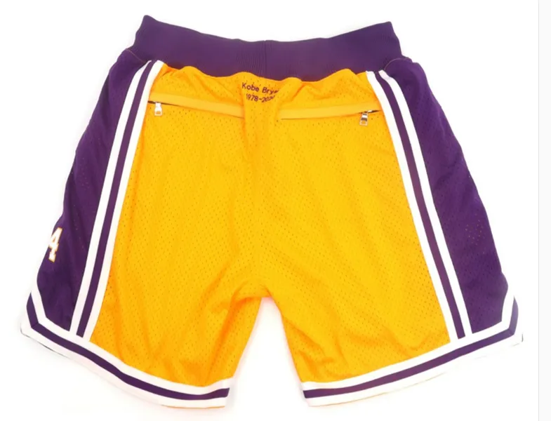 새로운 팀 빈티지 1978-2020 베이스켓볼 반바지 지퍼 포켓 런닝 옷 8 및 24 노란색 색상 방금 SIZE S-XXL
