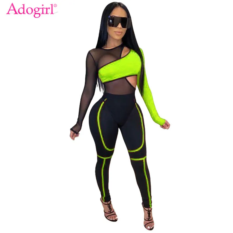 Adogirl Farbe Patchwork Sheer Mesh Bandage Overall Frauen Sexy Aushöhlen Langarm Casual Strampler Trainingsanzug Club Overalls