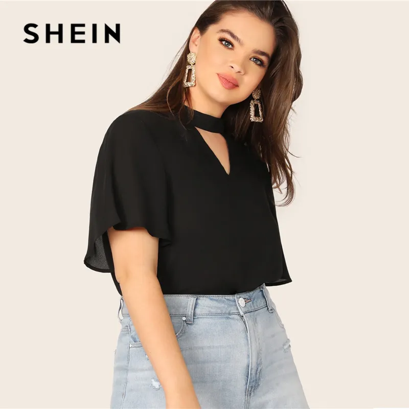 SHEIN Plus Size Black Keyhole Back V Cut Neck Solid Top Blouse 2020 Women  Summer Casual Cut Out Short Sleeve Plus Blouses Shirt1 From Huiguorou,  $22.62