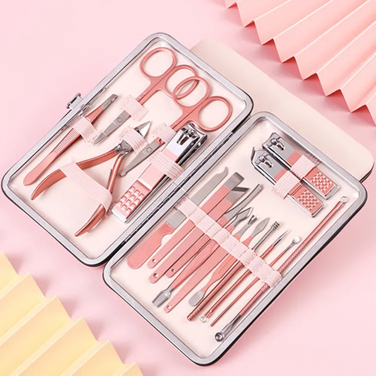 Nail Art Tool kit profesional de cortaúñas de oro rosa, herramientas de cuidado de pedicura, juego de cuidado de manicura y pedicura de acero inoxidable, 18 Uds.