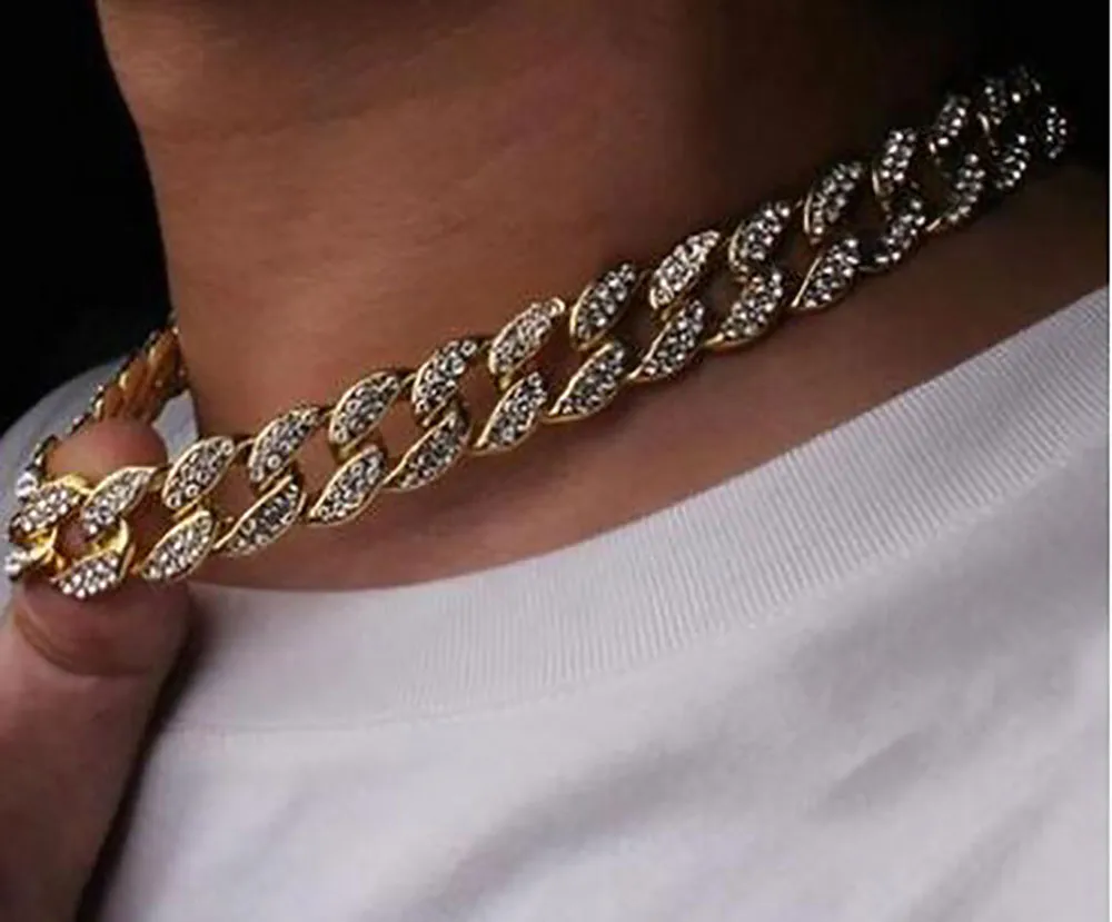 15mm Miami Cuban Necklace Gold Finish Full Iced 15 mm x 24 "Hip Hop Chain Armband 18K Guldpläterad legering Hiphop smycken