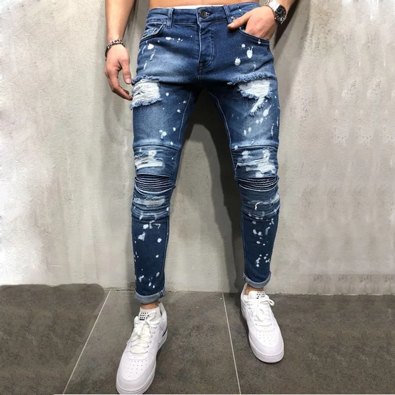 2020 slim fit mannen hallo straat hiphop heren broek denim joggers broek knie gaten gewassen jeans