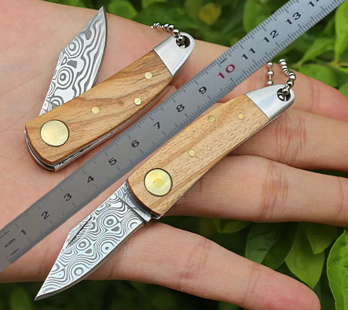 1 pz nuovo mini piccolo coltello pieghevole tascabile damasco edc svedese lama in acciaio damasco manico in legno d'ulivo con fodero in pelle