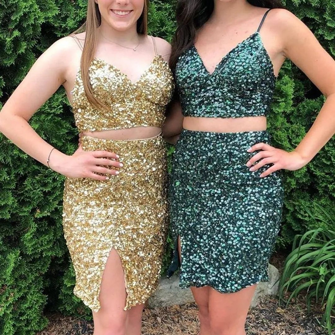 Two Piece Sequins Homecoming Dress 2020 Sheath Spaghetti Neck Short Prom Gowns Split Side Cocktail Party Formal Event Sweet 16 Gold Green