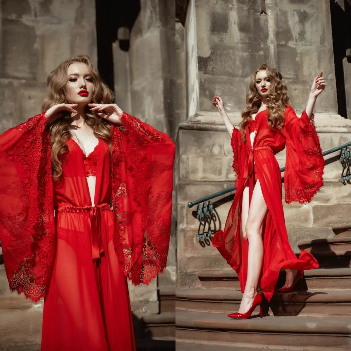 Sexy Red Lace Bridal Bridal Sleepwear Set With Illusion Bathrobe