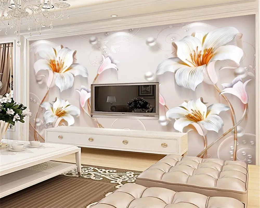 Custom 3D Flower Wallpaper Embossed Lily Living Room Bedroom TV Wall Decor