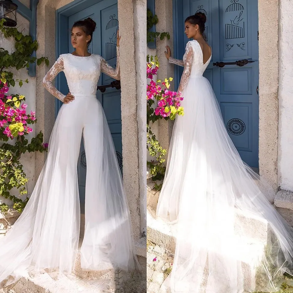 Moda Tulum Dantel Backless Gelinlik ile Ayrılabilir Tren Bateau Boyun Uzun Kollu Plaj Gelinlikler Boncuklu Vestido De Novia