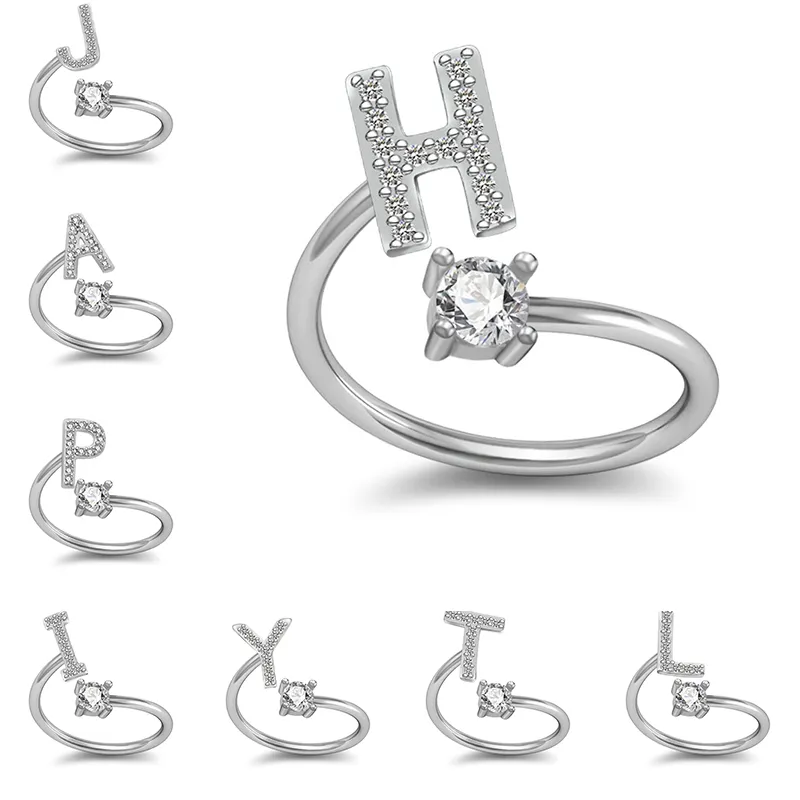 26 A-Z English Letter Ring Crystal English Initial Ring Open Diamond Women Rings Fashion Jewelry Will and Sandy