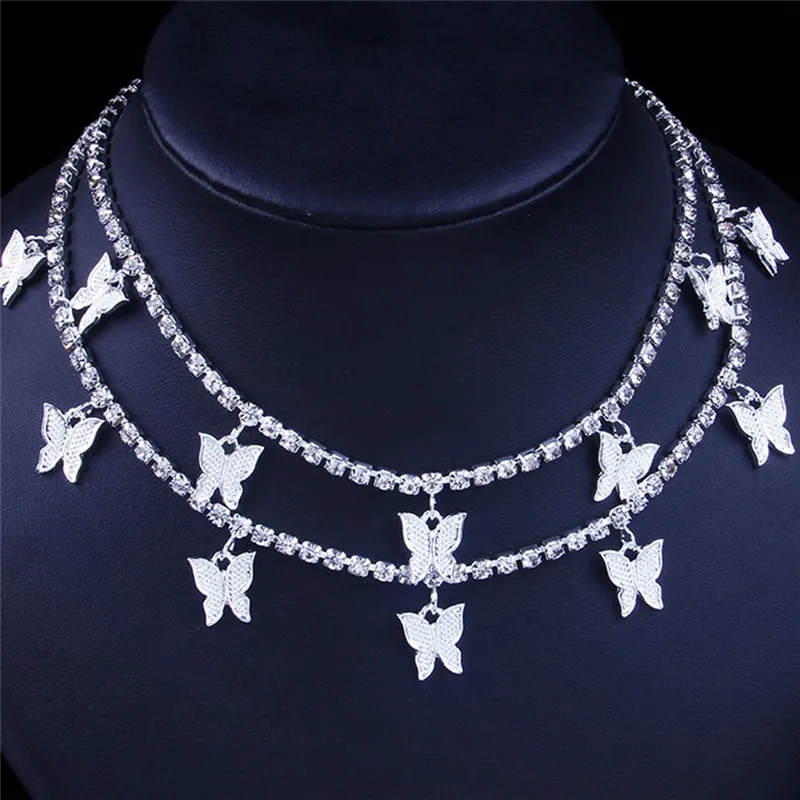 Butterfly Choker Necklaces Gold Silver 2 Layers Designer Animal Pendant Iced Out Chain Fashion Rhinestone Hip Hop Bling Jewelry Women Gifts