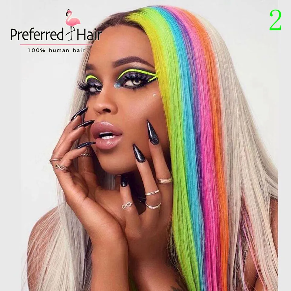 Preferred Rainbow Color Red Blue Green Highlight Wig Brazilian Remy Straight Lace Front Wig Ombre Human Hair Wigs For Women