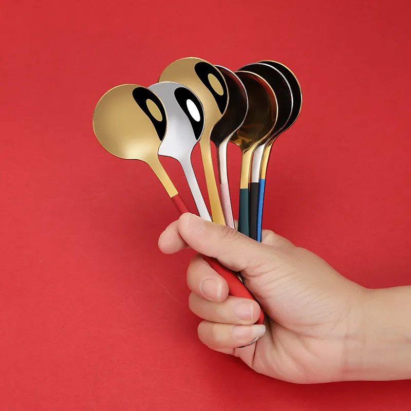 Round spoon soup spoons Dessert spoon Stainless steel cutlery Flatware Ice Cream Dessert Rice Salad Dinnerware drop ship