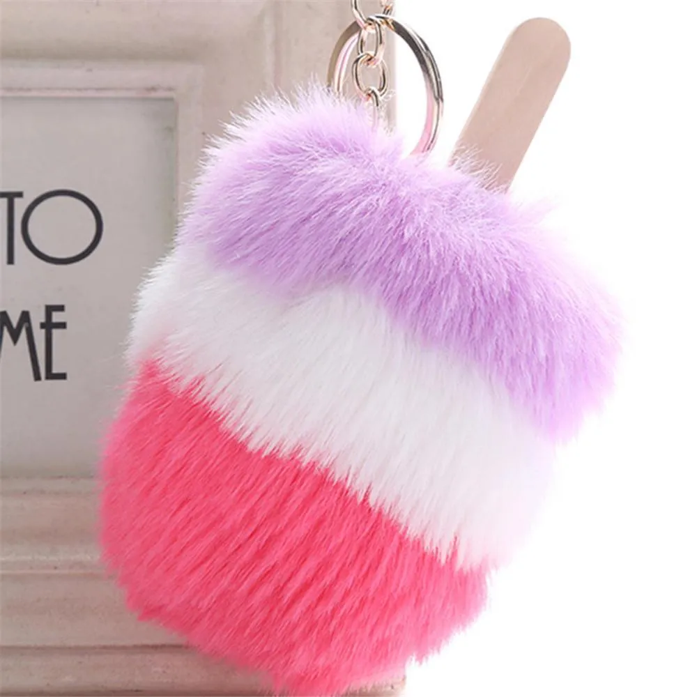Fur Pom Pom Cream Keychain Keyring Holder Cover Women Bag Charms Ornaments Pendant Jewelry Accessories