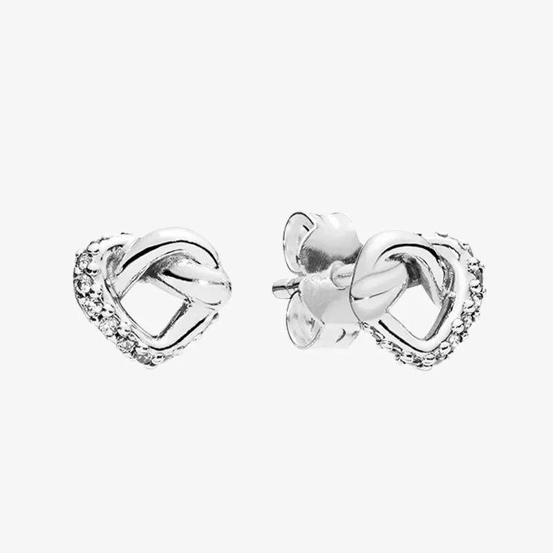 여성 매듭 심장 작은 스터드 귀걸이 Pandora 925 스털링 실버 사랑 하트 원래 상자를 사용하여 귀걸이