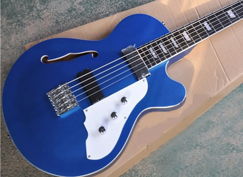 Metallic Blue Electric Blue Bass Guitar With Semi Hollow Body