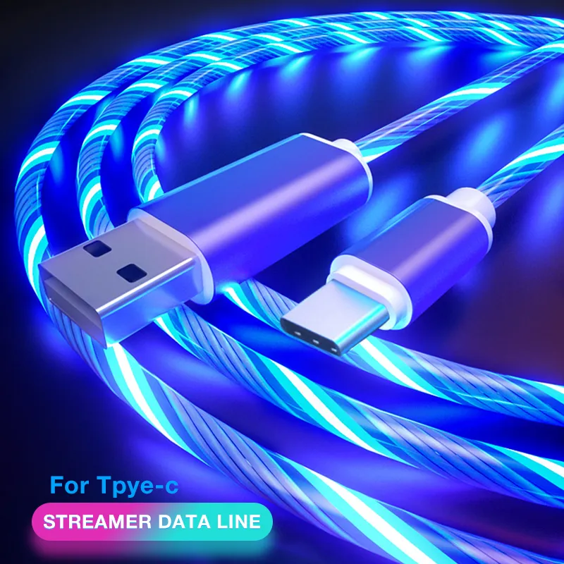 LED Blask płynący typu C Kabel Luminous Streamer TPE Kable Stopu TPE Ładowanie Kabel Micro USB do Huawei Samsung Xiaomi Android Struł przewodów