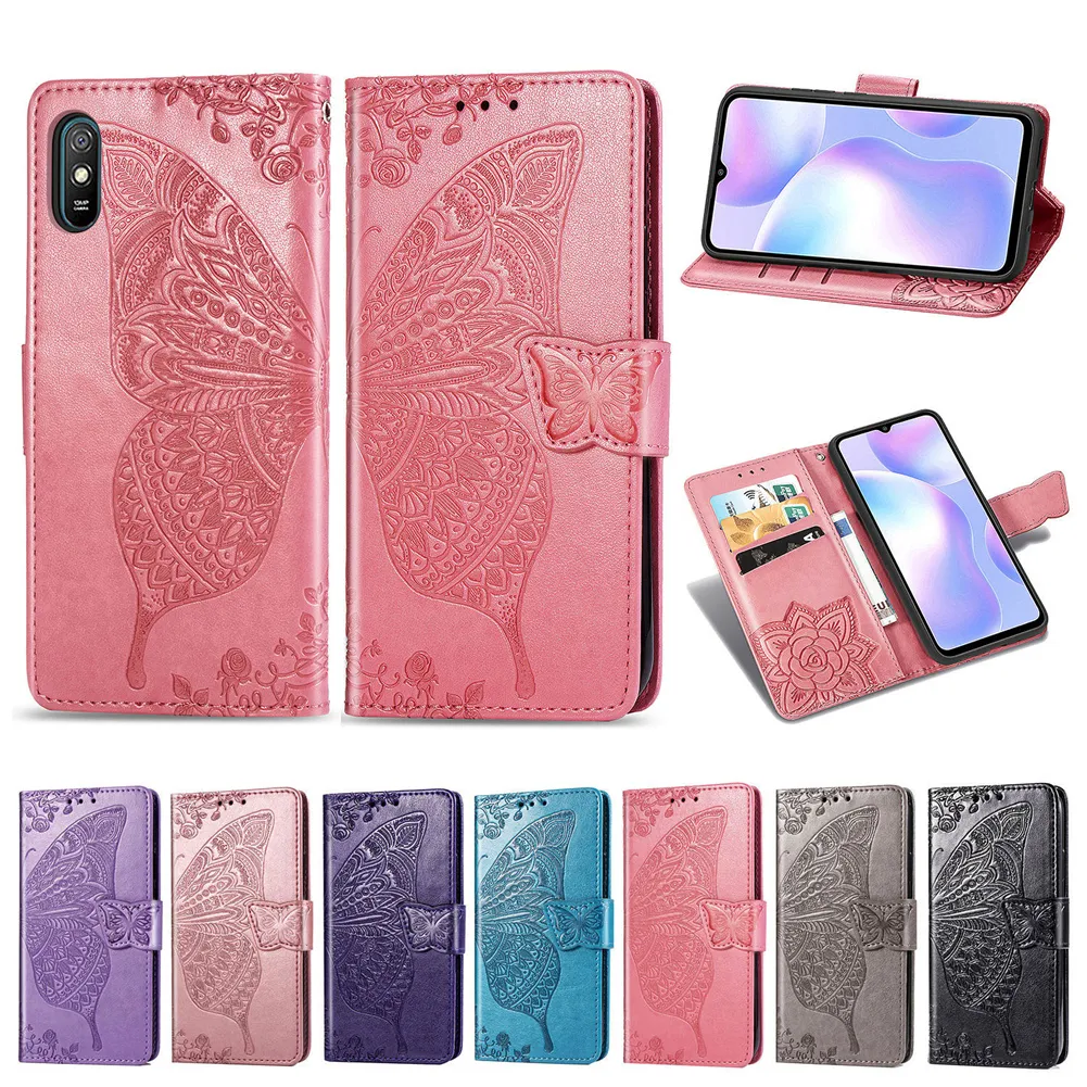 Pour Xiaomi Redmi 9A Housse en cuir PU anti-poussière Support de téléphone Fleur Papillon Boucle magnétique Dragonne amovible (Modèle: REDMI9A)