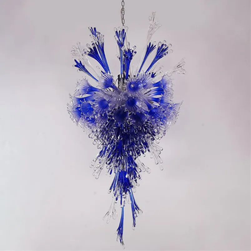 Wisiorek Światła Żyrandol Oświetlenie dmuchanego szkła Żyrandol z żarówkami Led Niebieskie jasne lampy żyrandolowe 48 cali na Boże Narodzenie Art Decor