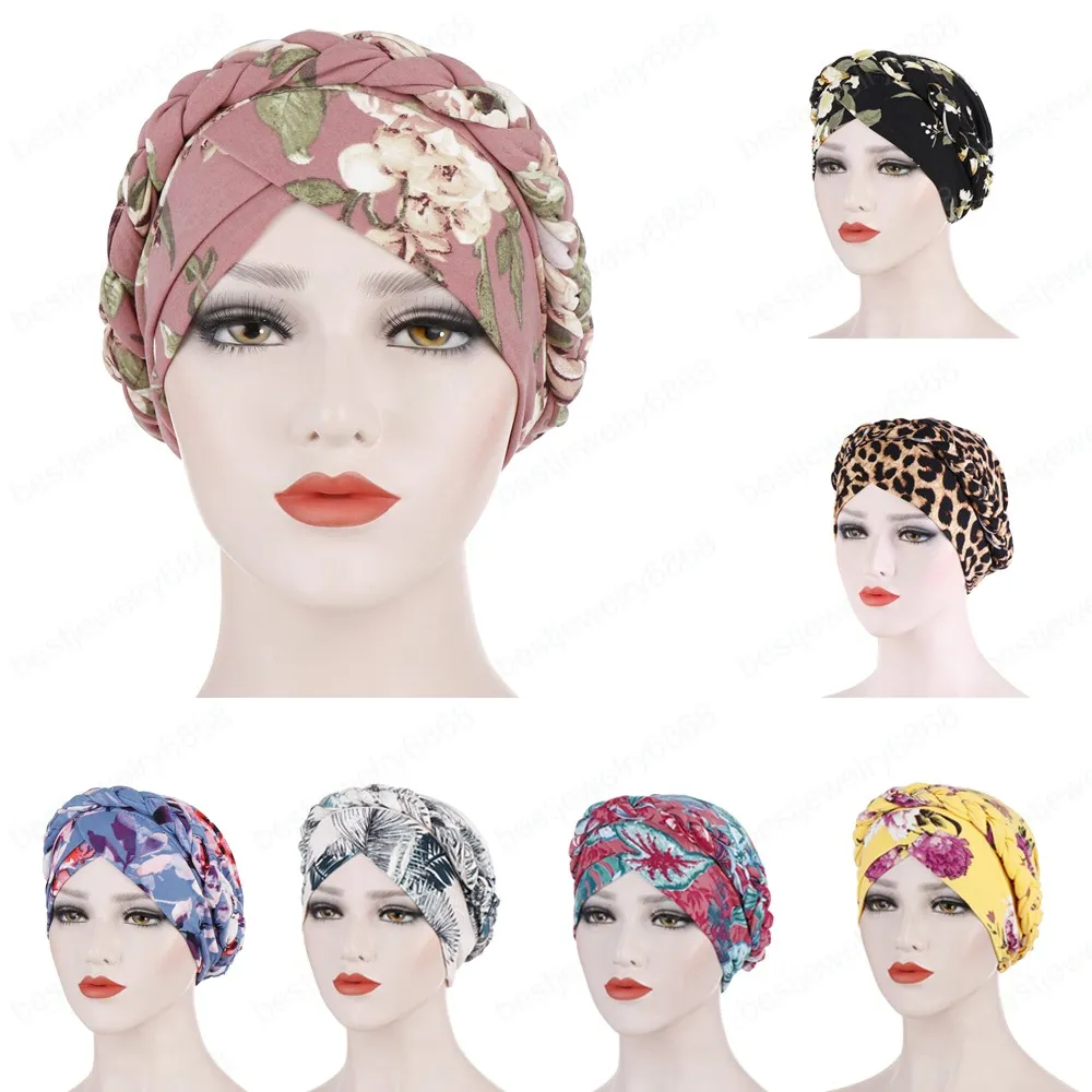 Blumendruck vorne Kreuz Muslim Turban Kappe Zopf Schal für Frauen islamische Innenkappen Arab Wrap Kopfbedeckung Femme Bonnet Indian Beanie Arab