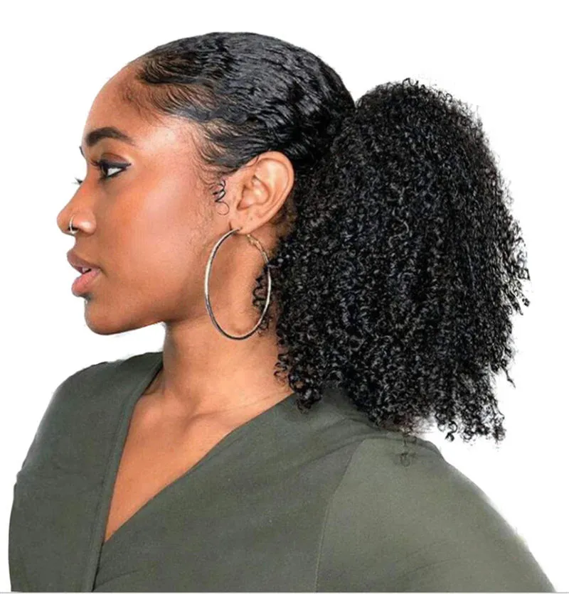 Afro Curly DrawString Human Hair Ponytail 10a Natural Black Extension för kvinnor 100% Virgin Brasilian Hair Clip Ins