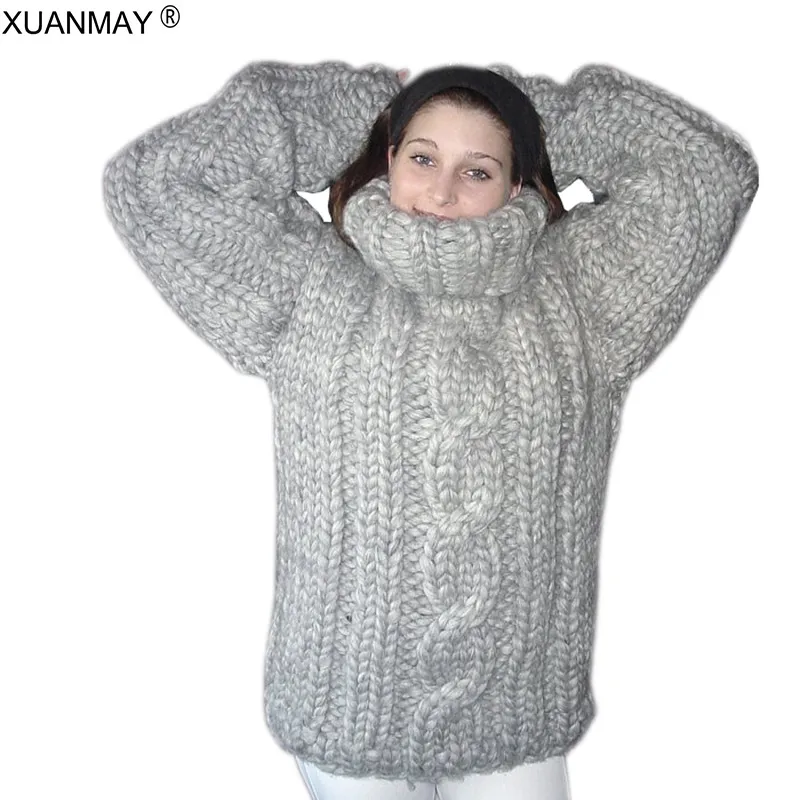 겨울 슈퍼 두꺼운 따뜻한 여성의 터틀넥 스웨터 패션 손으로 짠 대형 5XL 코드 풀오버 스웨터 2020 가을