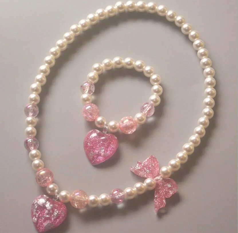 New Childrens Pink Pearl Necklace Set Star, Butterfly, And Princess