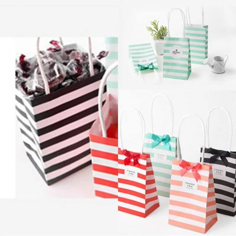 Vit Kraft Card Packaging Bag Bow Mini Paper Bags With Handtag Fashion Stripe Lagring Candy Färgglada Present Custom 0 74HB C2