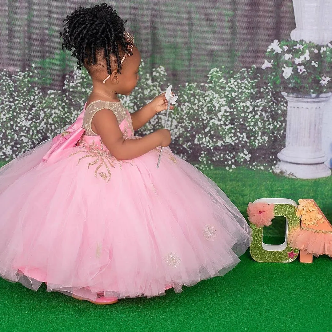 vestidos de niña de flores de encaje rosa con cuello transparente vestidos de novia para niña vestidos de desfile de comunión baratos vestidos