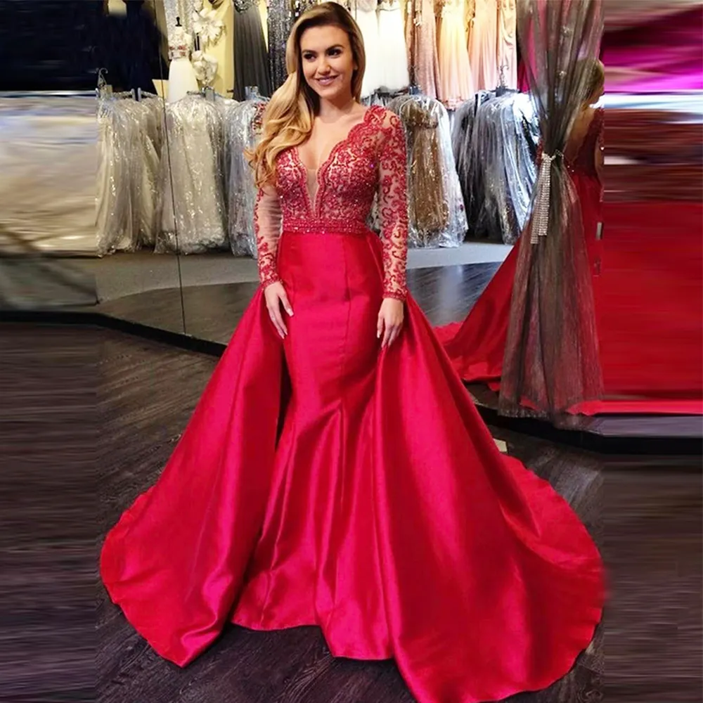Vestidos De Noche De Manga Larga Rojos Lentejuelas Sin Espalda