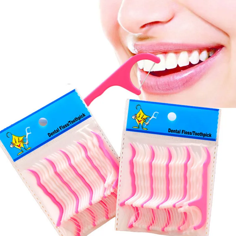25pcs/lot Plastic Toothpick Cotton Floss Toothpick Stick For Oral Health Table Accessories Tool Opp Bag Pack
