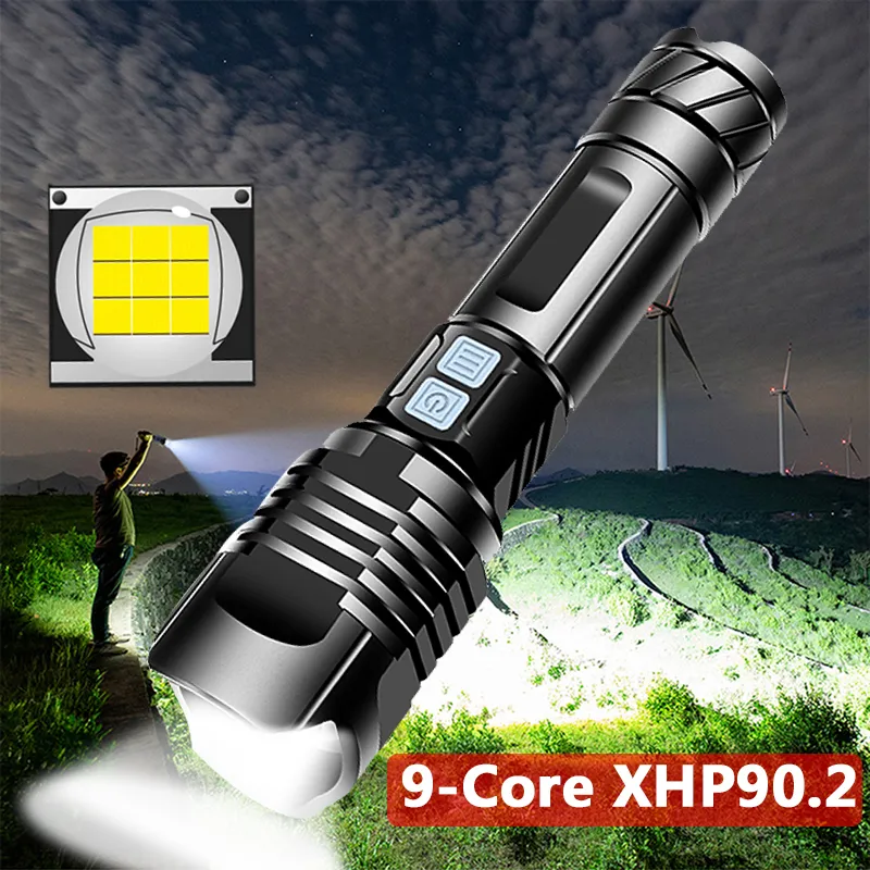 XHP90.2 9-core Super Powerful LED Flashlight Torch USB XHP70.2 Zoom Tactical Torch 18650 26650 USB Recarregável Battey Light 30W