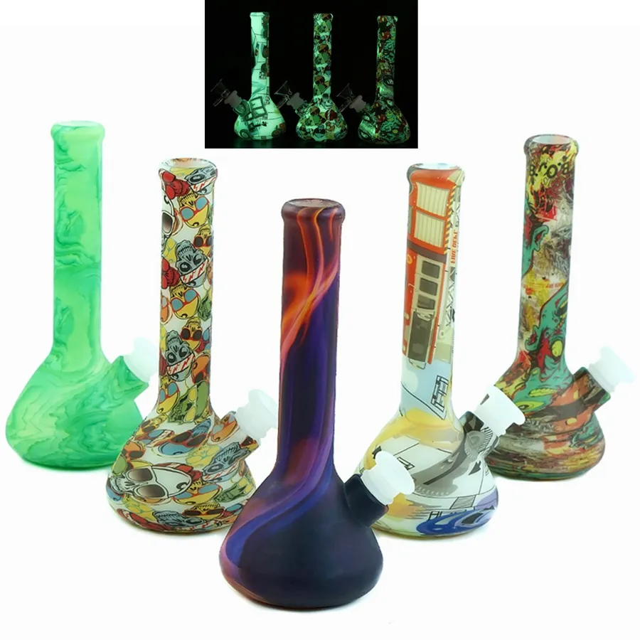 DHL 7.4'' Glowing in the dark beaker bong Water Pipe Colorful Silicone Bong Dab rig shiasha hookah portable