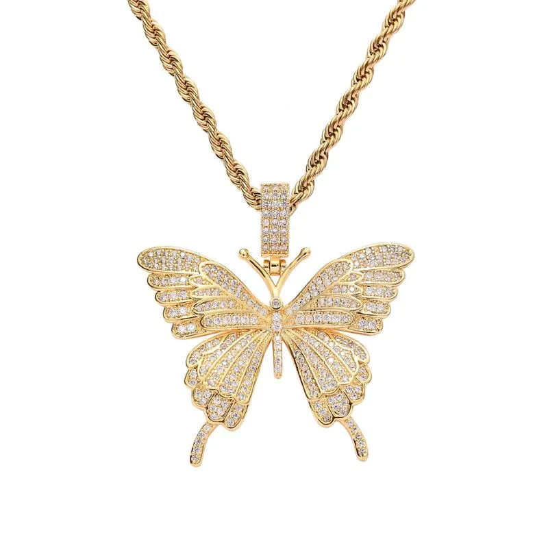 Small Butterfly Pendant Iced Out Chain Gold Silver Color Bling CZ Hip-hop Jewelry Statement Necklace for Men Women