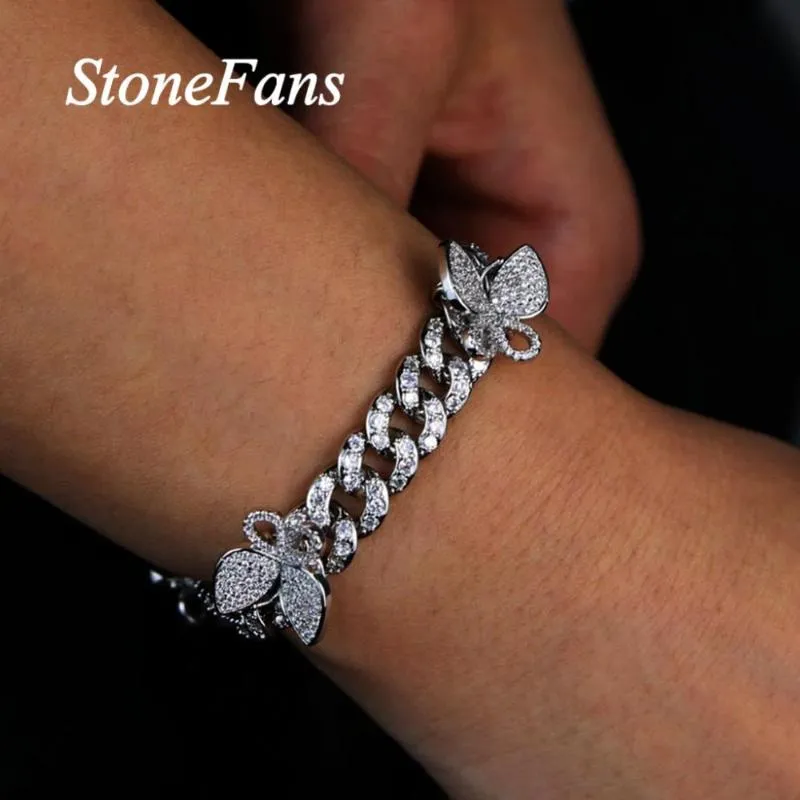 Stonefans Cuban Link Iced Out Bracciale a farfalla Gioielli all'ingrosso per donna Bracciale con strass Hip Hop Bling