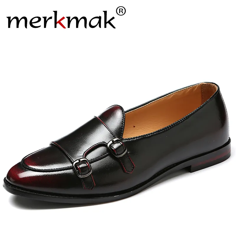 Chaussures habillées Merkmak automne hommes en cuir PU mocassins marque Design italien mariage confortable mâle respirant boîte de nuit fête taille de chaussure 48