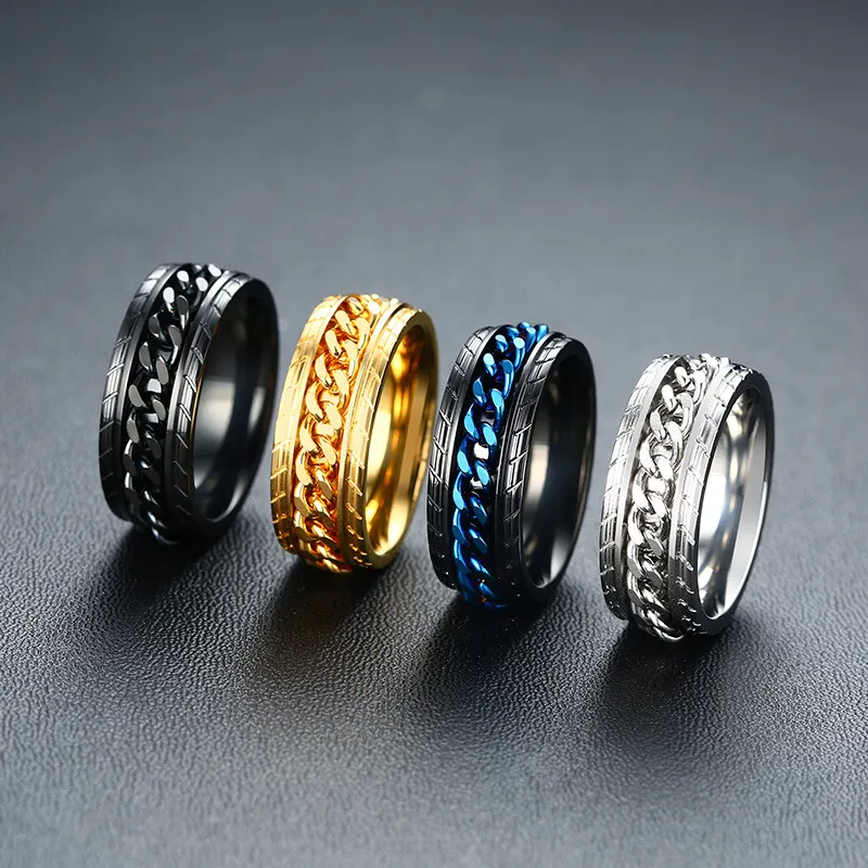 Punk 8mm spinner cadeia homens anel rotativo azul azul aço inoxidável rotativo jóias jóias presente anel aliança
