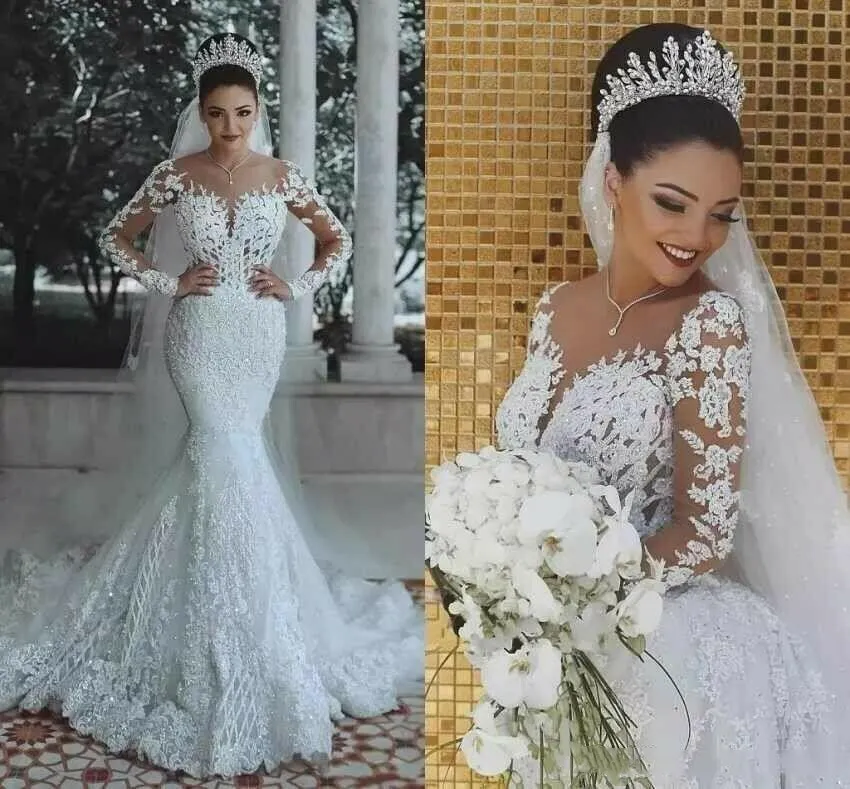 Witte kant zeemeermin trouwjurk 2023 illusie lange mouwen Appliqued kralen Arabische Dubai Bridal Jurets Garden Bruid Jurken Vestidos de novia