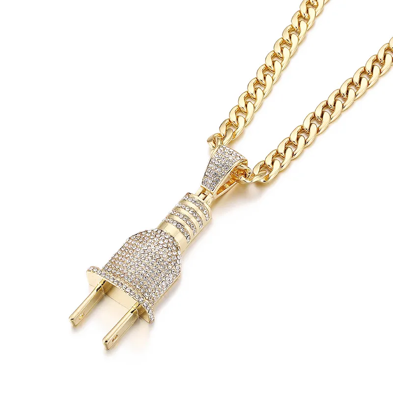 Mode bling bling elektrisk plug -form isade ut hänger halsband charm kedjor guld silver färg män kvinnor hip hop smycken220z