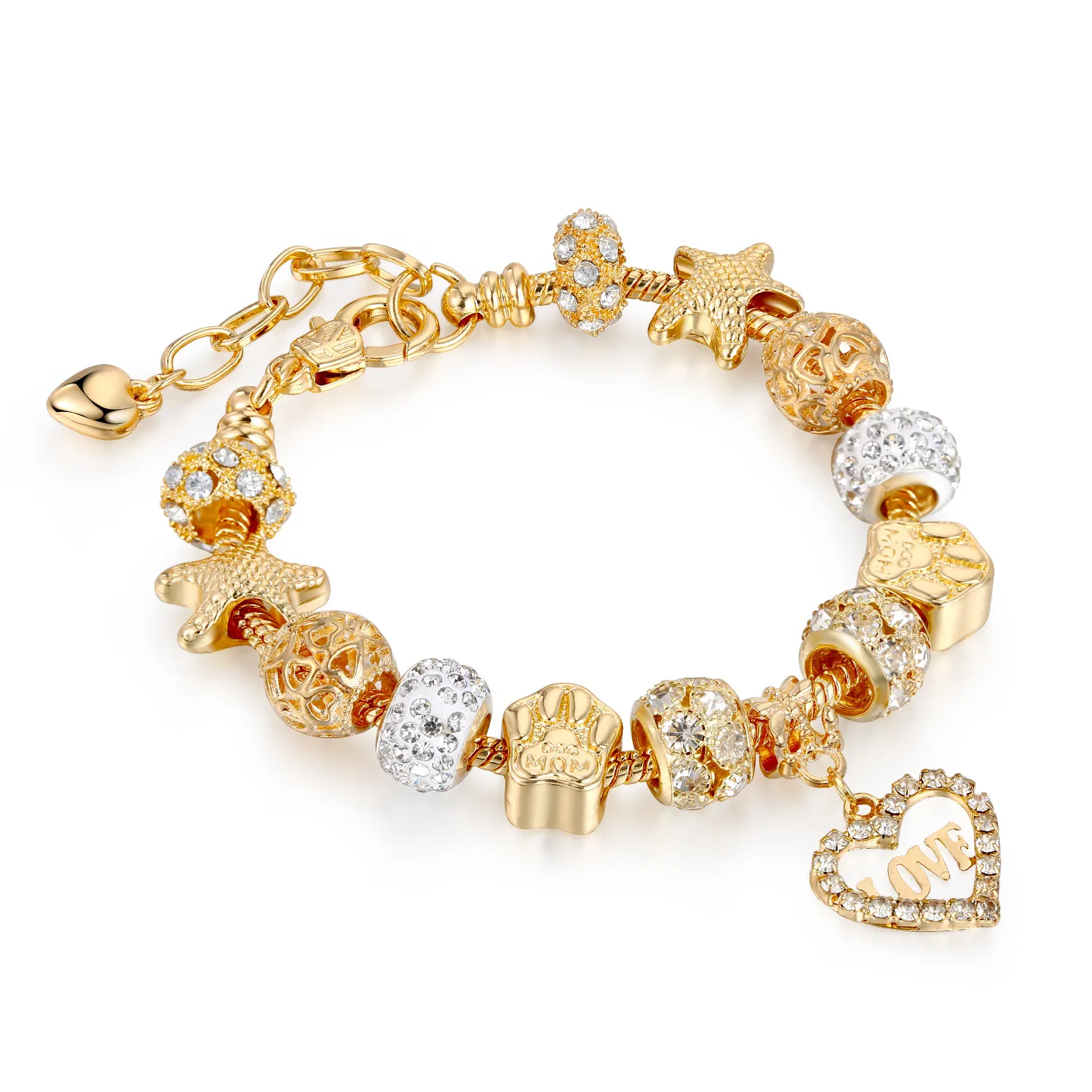 Charms Gold Love Crystal para Pandora Pulseiras Moda Feminina Jóias Presente de Dia dos Namorados