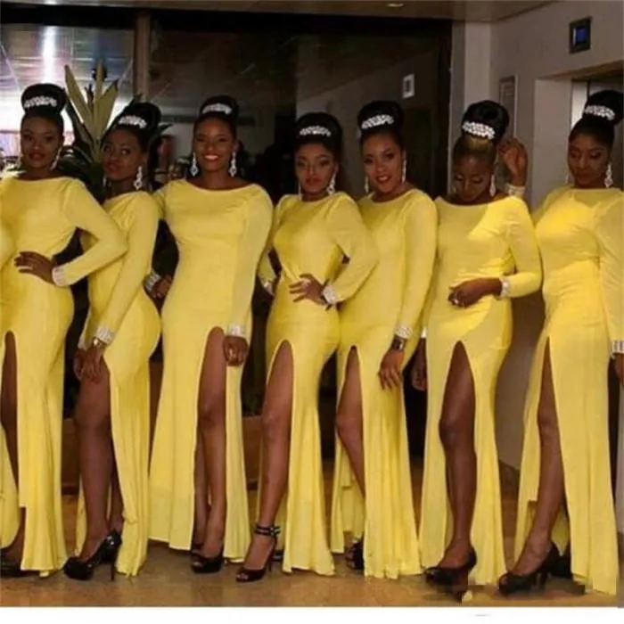 Afrykańskie żółte sukienki druhny z długim rękawem z boku wysokie dzielone pokojówka honorowe suknie podłogi gość ślubny formalne sukienki tanie c84
