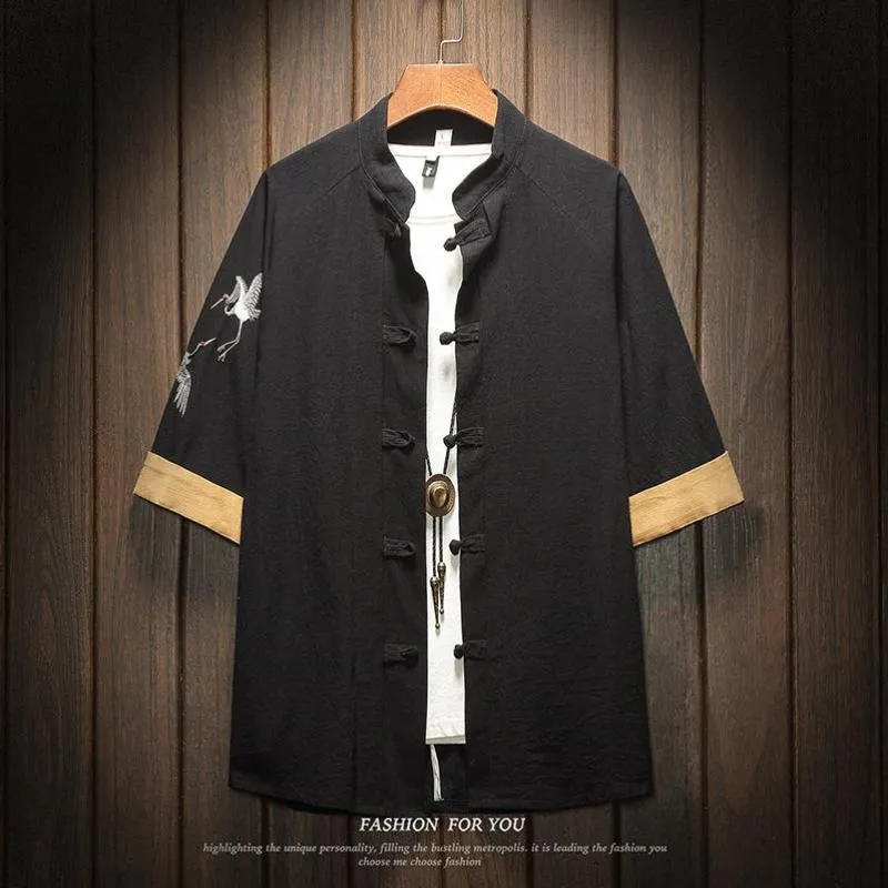 Plus Rozmiar 5xl 4XL Kołnierz Mandaryn Koszula Letnia Koszula Mężczyźni Tradycyjny Chiński Styl Z Krótkim Rękawem Vintage Koszule Japońska Streetwear