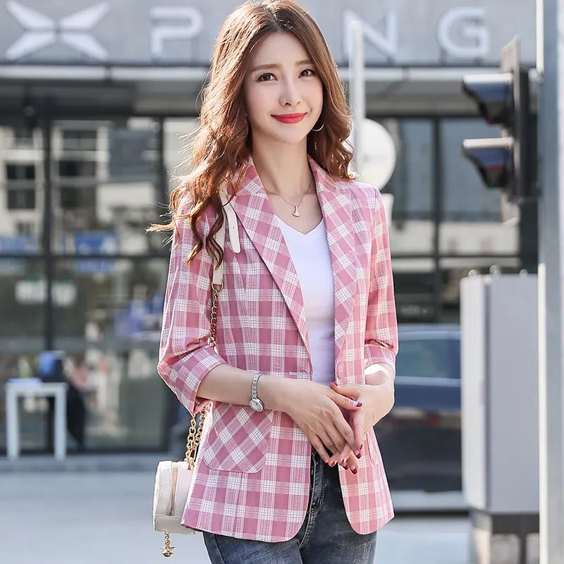 New Arrival Fashion Office Ladies Pink Plaid Blazer For Women Half