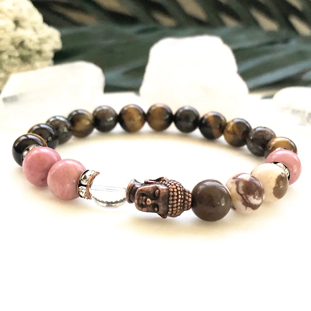 MG0884 Neues Design Tigerauge Stein Buddha Armband Damen Rhodonit Yoga Energie Mala Armband Australisches Zebra Armband