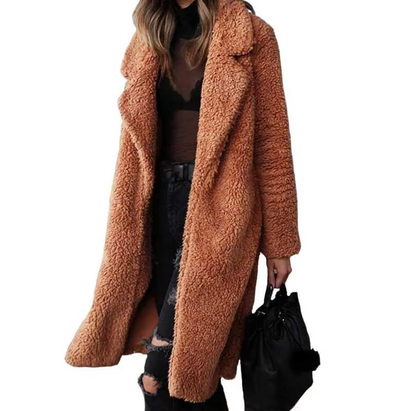 2020 Varm plysch kappa Outwear Kvinnor Faux Fur Coat Teddy Bear Kvinna Vänd ner Krage Fur Jacket Ladies Overcoat Fashion Long