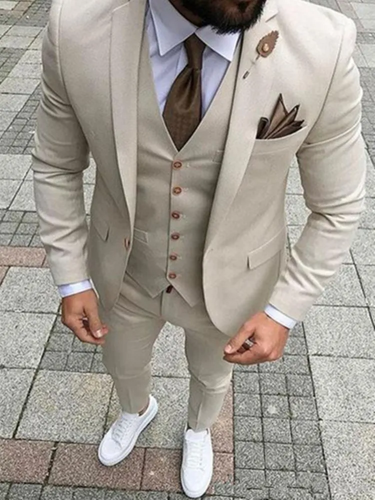 Novos ternos masculinos bege slim fit casamento noivo smoking 3 peças (jaqueta + calça + colete) ternos de noivo padrinho blazer