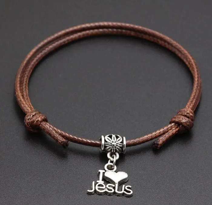 20st Jag älskar Jesus Hängsmycke Röd trådsträng Armband Lucky Svart Kaffe Handgjorda Rope Armband för Kvinnor Män Smycken Lover Par