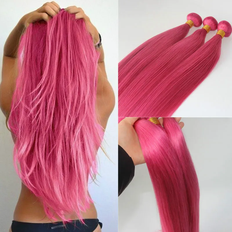 Extensions Hot Pink Fuchsia Human Hair Weaves Brasilian Straight Virgin 100Gram/Piece