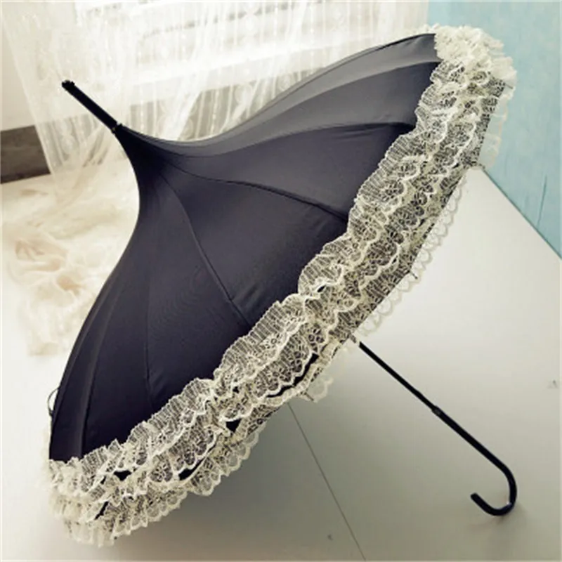 Umbrella Rain Women Fashion 16 Ribs Lace Pagoda Parasol Princess Long-handle Umbrella Windproof Sunny and Rainy