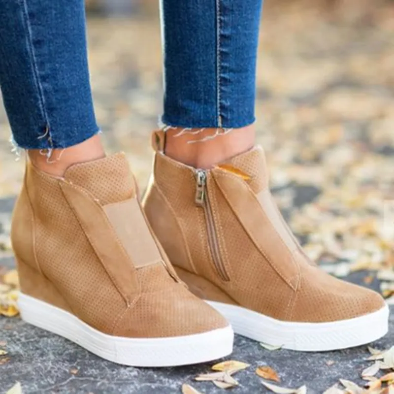 Kvinnors kilsneaker vulkanisera skor mode zip leopard ökar inom zapatos de mujer nytt mode för tjej