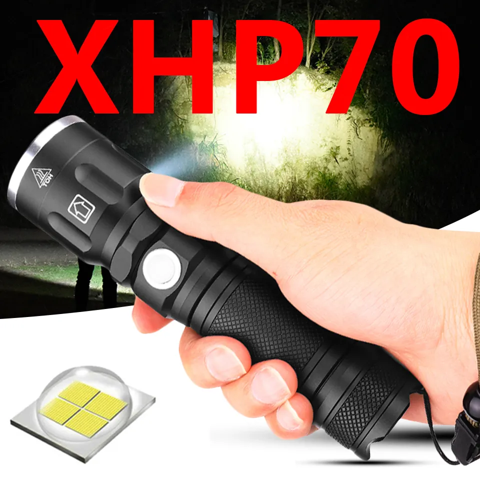 Torcia a luce flash Torcia a led 1 * 18650 o 26650 Batteria ricaricabile Xhp70 Resistente agli urti, Lampadine per difesa dura Zoom avanti